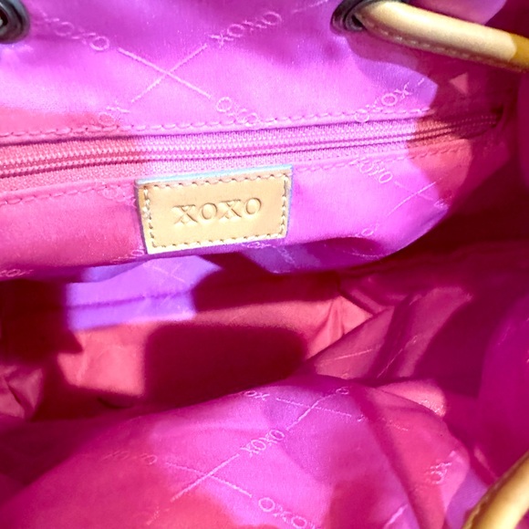 VTG XOXO PERIWINKLE MULTICOLORED LOGO FLAWED DRAWSTRING BACKPACK BAG PURSE 11” - Picture 9 of 13